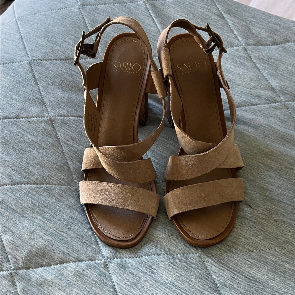 SARTO By Franco Sarto Beige Suede Strappy Block Heel Sandals
